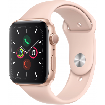 Apple Watch Series 5, 40 мм, корпус из алюминия золотого цвета, спортивный браслет цвета «розовый песок» Новая версия смарт-часов похожа внешним обликом на предшественника, но получила вместе с тем ряд функций и обновлений. Одним из наиболее важных отличий Apple Watch Series 5 является всегда активный экран Retina. Благодаря тому, что экран всё время включён, можно в любой момент узнать время и другую важную информацию, не касаясь его.