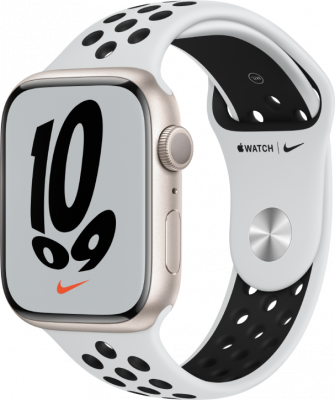 Apple Watch Nike Series 7 45 мм корпус из алюминия «сияющая звезда» спортивный ремешок Nike «чистая платина/чёрный» Apple Watch Series 7 показывают максимум. Большой продвинутый дисплей. Самые прочные Apple Watch в истории. Мощные инновации для заботы о здоровье. Более быстрая зарядка: до 33% быстрее.