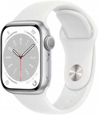 Apple Watch Series 8 45 мм корпус из алюминия серебристый, спортивный ремешок белый Элегантные умные часы с большим ярким дисплеем Always‑On в тонком корпусе. Помогут следить за здоровьем и физической формой, отслеживать женский цикл и планировать семью.