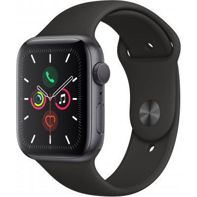 Apple Watch Series 5, 44 мм, корпус из алюминия цвета «серый космос», спортивный браслет чёрного цвета Новая версия смарт-часов похожа внешним обликом на предшественника, но получила вместе с тем ряд функций и обновлений. Одним из наиболее важных отличий Apple Watch Series 5 является всегда активный экран Retina. Благодаря тому, что экран всё время включён, можно в любой момент узнать время и другую важную информацию, не касаясь его.