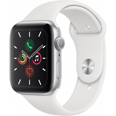 Apple Watch Series 5, 44 мм, корпус из алюминия серебристого цвета, спортивный браслет белого цвета Новая версия смарт-часов похожа внешним обликом на предшественника, но получила вместе с тем ряд функций и обновлений. Одним из наиболее важных отличий Apple Watch Series 5 является всегда активный экран Retina. Благодаря тому, что экран всё время включён, можно в любой момент узнать время и другую важную информацию, не касаясь его.