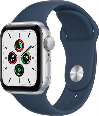 Apple Watch SE, 44 мм, корпус из алюминия серебристого цвета спортивный ремешок цвета «синий омут» Сегодня компания Apple представила Apple Watch SE. Эта модель объединяет в себе все основные функции Apple Watch и современный дизайн, так полюбившийся покупателям.