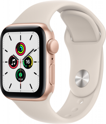 Apple Watch SE, 44 мм, корпус из алюминия золотого цвета спортивный ремешок цвета «сияющая звезда» Сегодня компания Apple представила Apple Watch SE. Эта модель объединяет в себе все основные функции Apple Watch и современный дизайн, так полюбившийся покупателям.