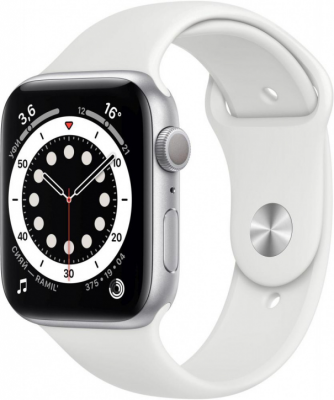 Apple Watch Series 6 GPS 44 мм корпус из алюминия серебристый ремешок белый У этих часов есть новый датчик и специальное приложение для измерения уровня кислорода в крови. И много других продвинутых функций для здорового образа жизни. Apple Watch Series 6 — это мощное устройство, которое бережно заботится о вас.