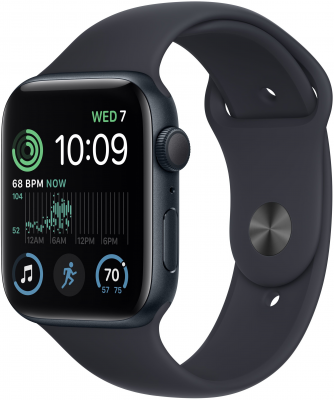 Apple Watch SE 2022 44 мм корпус из алюминия «тёмная ночь», спортивный ремешок «тёмная ночь» Смарт-часы Apple Watch SE второго поколения — стильный аксессуар, способный дополнить любой образ, а также незаменимый помощник в ваших тренировках.